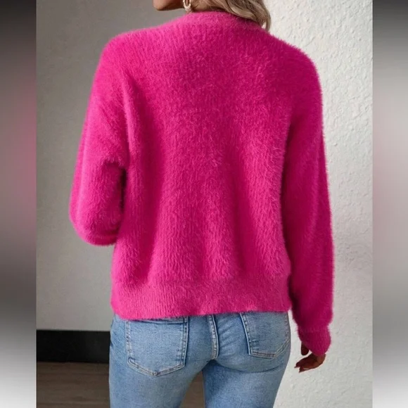 Women's Fuzzy Watermelon Pink Cardigan Sweater